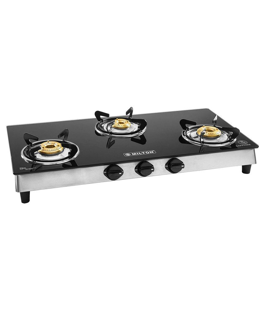 Milton Sapphire Full Size 3 Burner Stainless Steel Gas Stove with Toughened Glass Top & Brass
