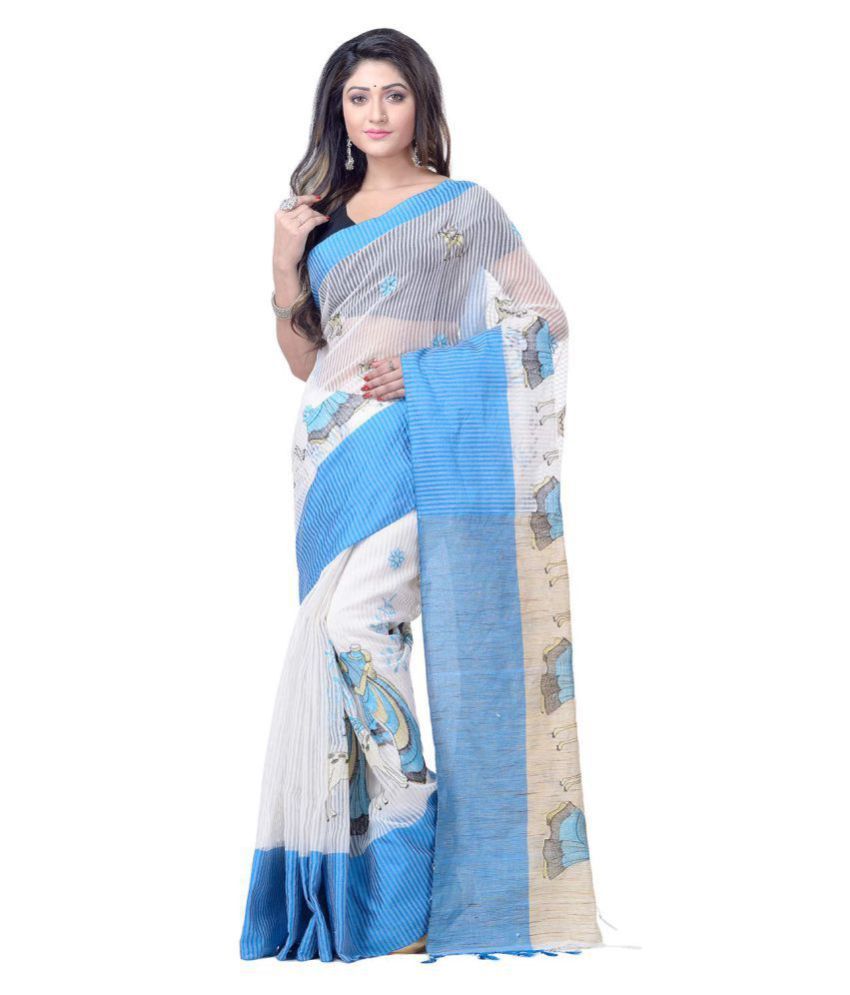     			Desh Bidesh Blue,White Bengal Handloom Saree