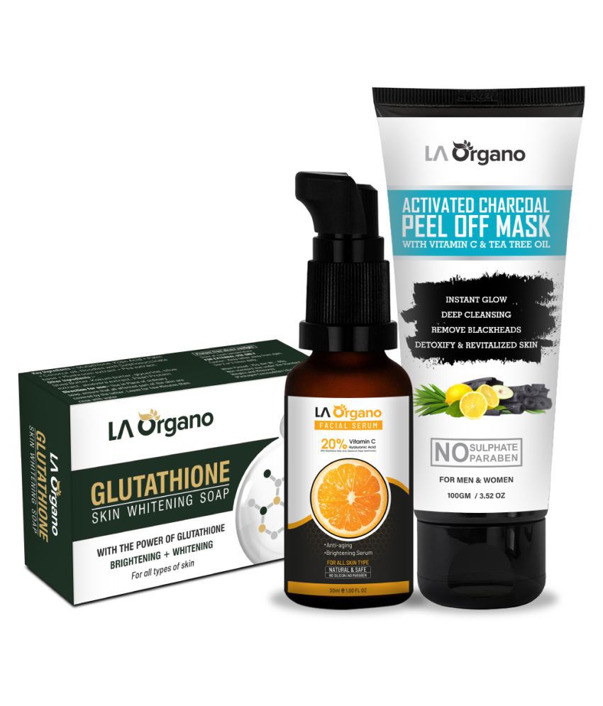     			LA Organo Glutathione whitening Soap(75g) with Vit C Face Glow Serum(30ml)+Activated Charcoal Peel Off Mask Blackhead Remover(100g) Skin Care Combo (3 Items in the set)