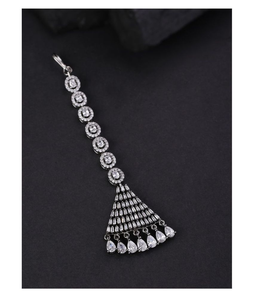     			Priyaasi Designer American Diamond Silver Plated Maang Tika for Women and Girls