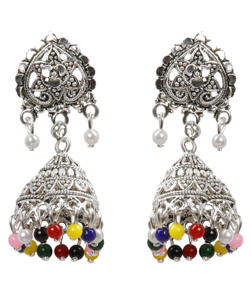     			Silver Shine Alluring Multicolor Flower and Beads Jhumki Earrings