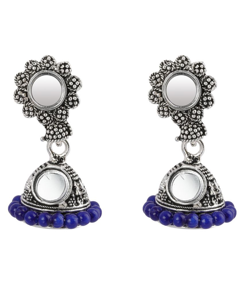     			Silver Shine Appealing Blue Mirror with Beads Jhumki Earrings