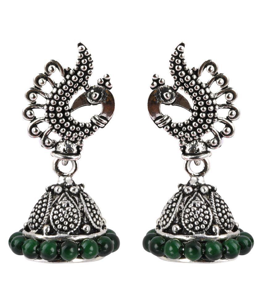     			Silver Shine Beautiful Green Beads in Peacock Shape Jhumki Earrings