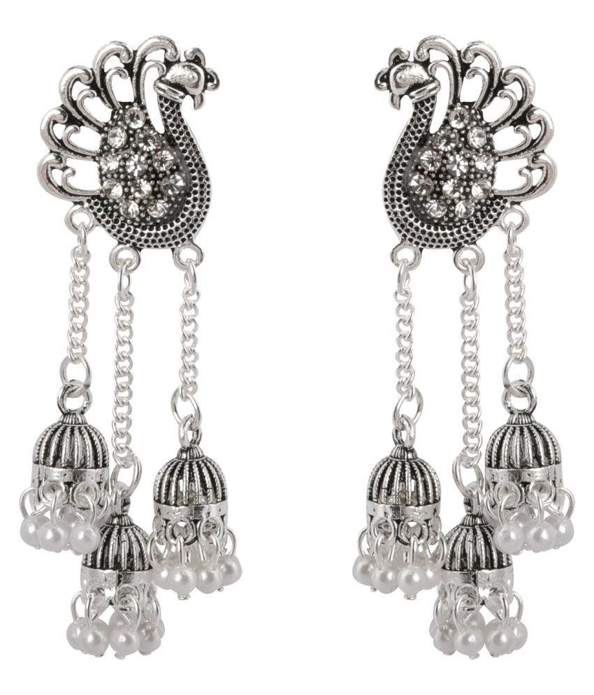     			Silver Shine Dazzling Silver Peacock Tassel Jhumki Earrings for Women