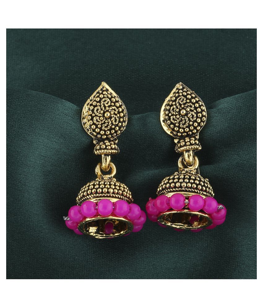     			Silver Shine Elegant Pink Beads with Golden Dots  Jhumki Earrings