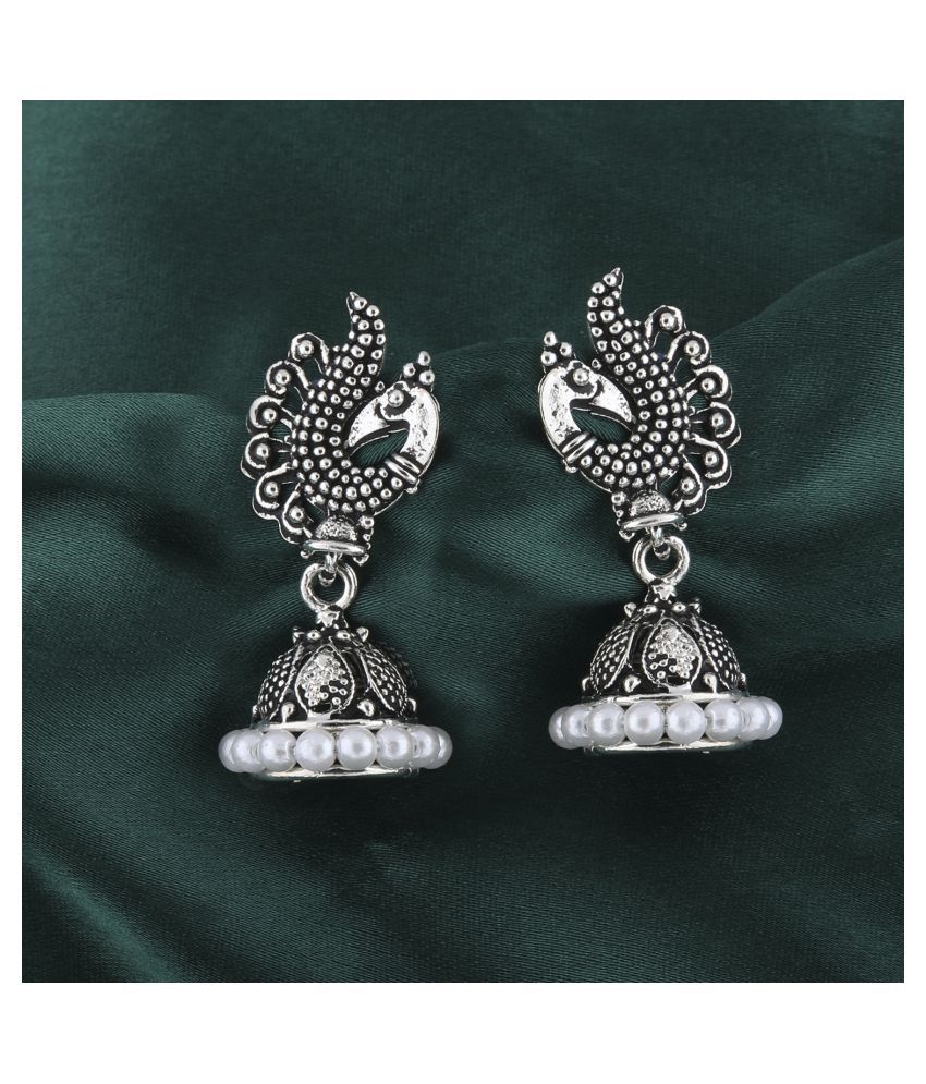     			Silver Shine Eye-Catching White Beads in Peacock Shape Jhumki Earrings