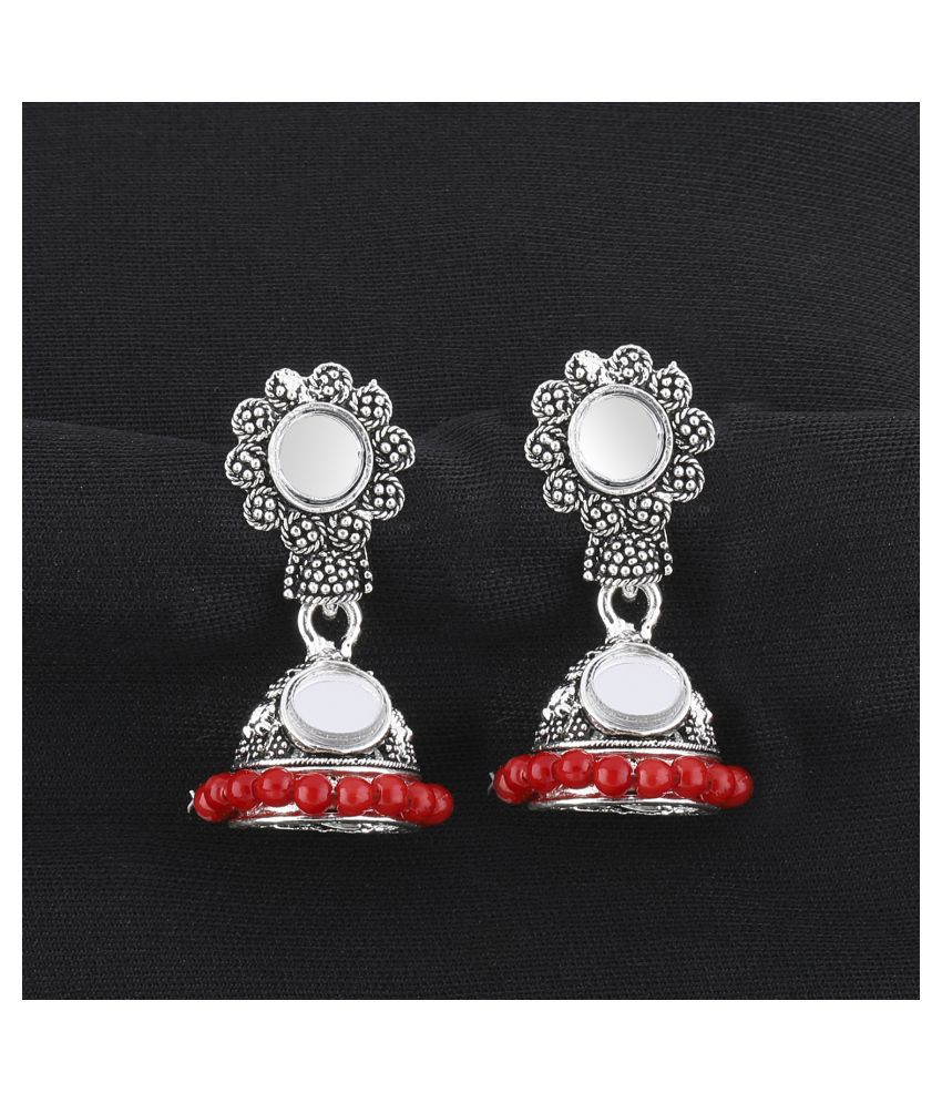     			Silver Shine Lovely Red Mirror with Beads Jhumki Earrings