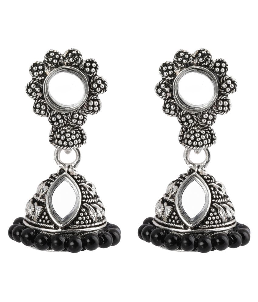     			Silver Shine Pretty Black Mirror with Beads Jhumki Earrings