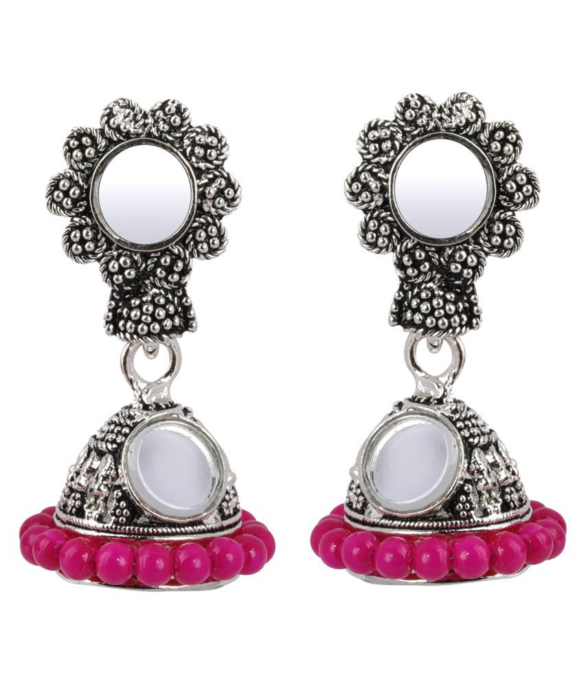     			Silver Shine Shimmering Pink Mirror with Beads Jhumki Earrings