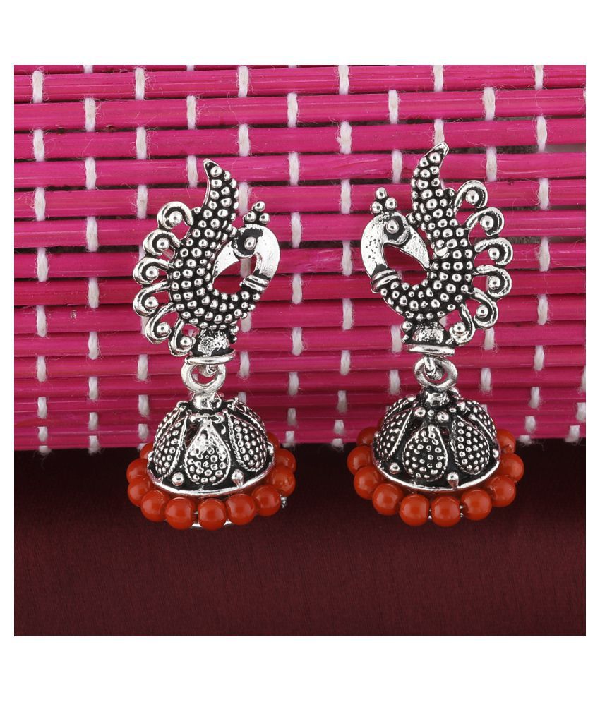     			Silver Shine Stylish Red Beads in Peacock Shape Jhumki Earrings