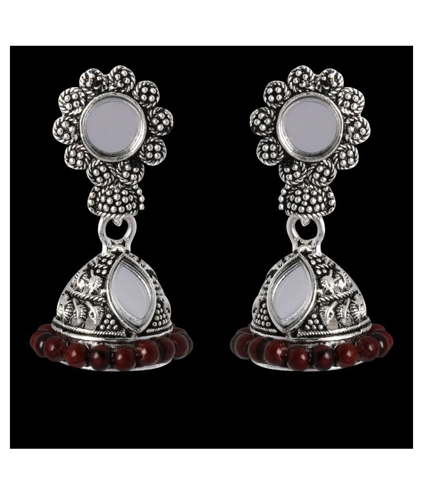     			Silver Shine Trendy Maroon Mirror with Beads Jhumki Earrings