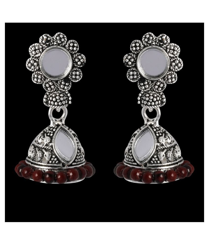     			Silver Shine Trendy Maroon Mirror with Beads Jhumki Earrings