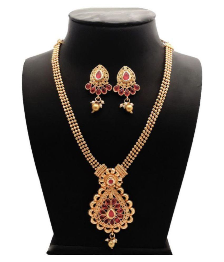     			Piah Alloy Golden Long Haram Traditional High Gold Plated Necklaces Set