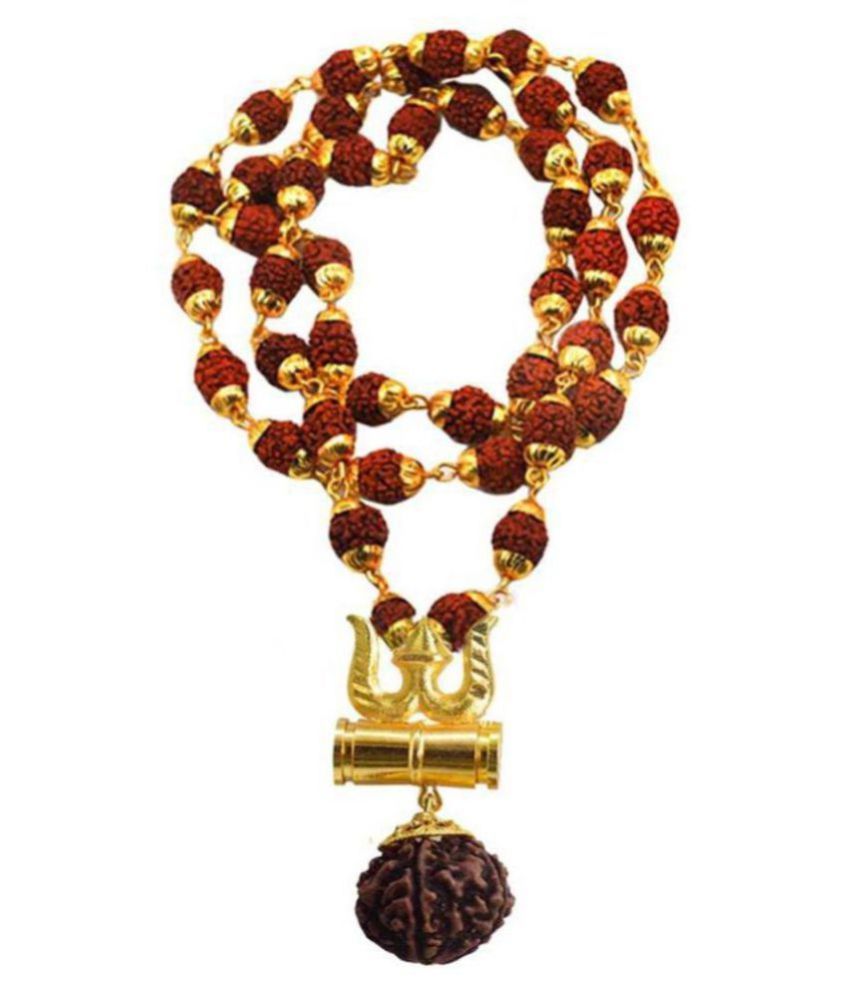     			Loard Shiv Trishul Damru Locket With Puchmukhi Rudraksha Mala Gold-plated Brass, Wood