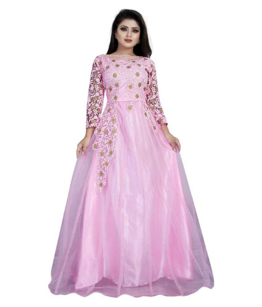     			Femvy Pink Net Ethnic Gown