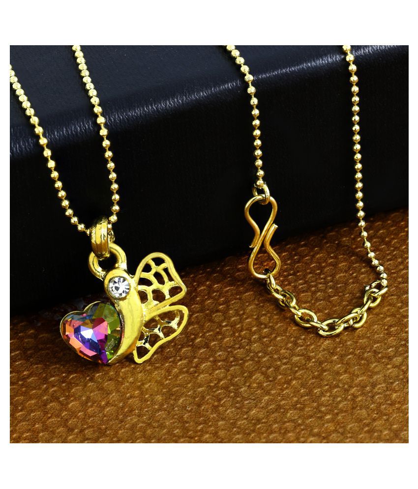     			The Jewelbox Rainbow Heart 18K Gold Brass American Diamond Necklace Pendant Chain Set Girls Women