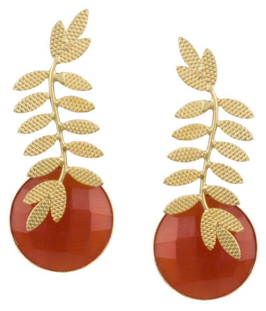     			Piah Fashion Matt Gold \nPlated  Enticing Leaf Shape Orange Fire Opal Stone Dangling Brass Earring For Women & Girls