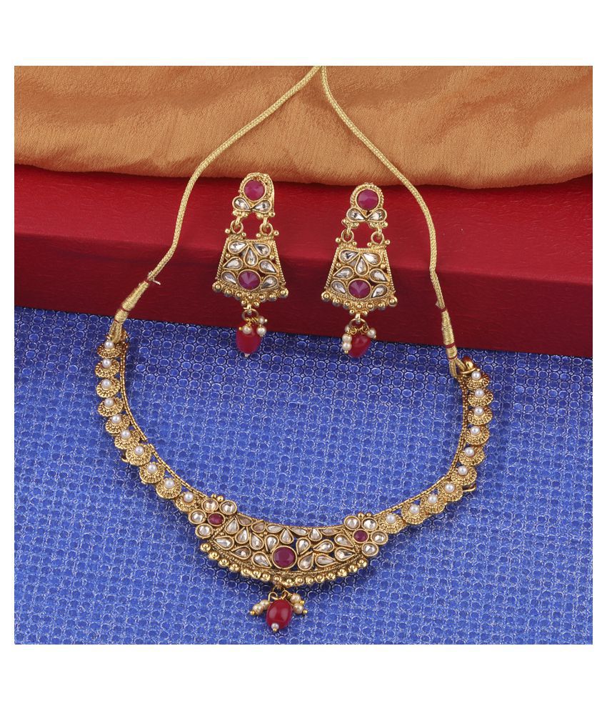     			Silver Shine Exclusive Traditional Gold Plated Red Kundan stone studded Bead Drop Designer Bridal Wedding Necklace Jewellery Set for Girls And women