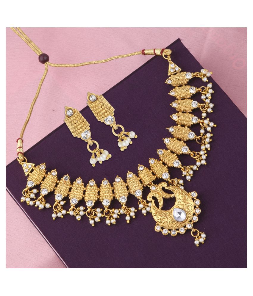     			Silver Shine Unique Traditional Gold Plated  Self Textured Self Design Stone Studded Multi Beaded Drop With Big Pandent Designer Bridal Wedding Necklace Jewellery Set For Girls And women.