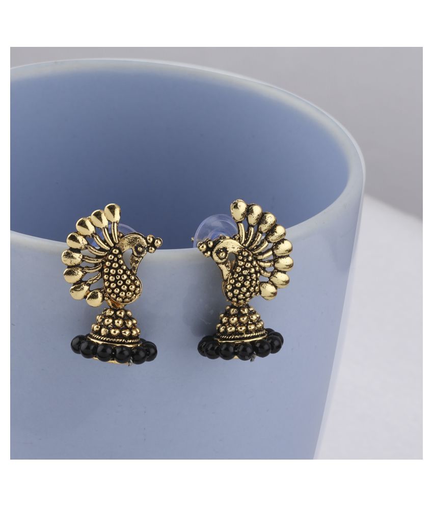     			Silver Shine Pretty Yellow Beads in Peacock Shape Jhumki Earrings