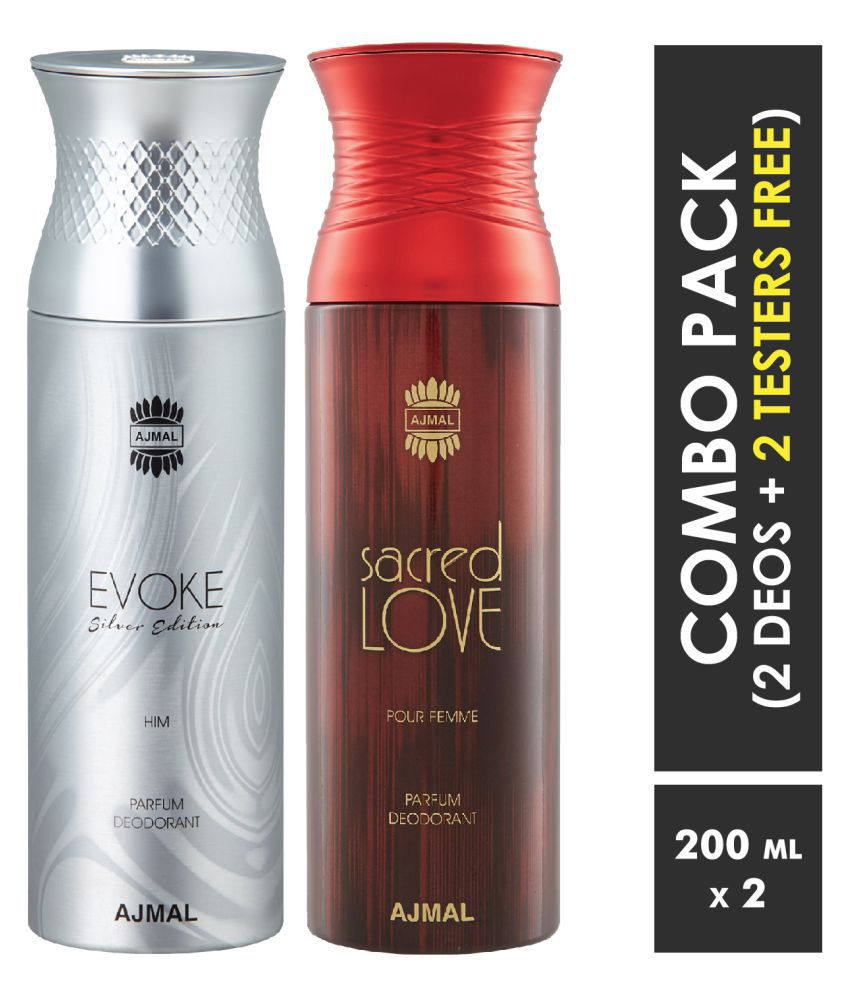     			Ajmal Evoke & Sacredlove Deodorant Spray  For Men & Women 200ml each (Pack of 2, 400ml) + 2 Parfum Testers  Free