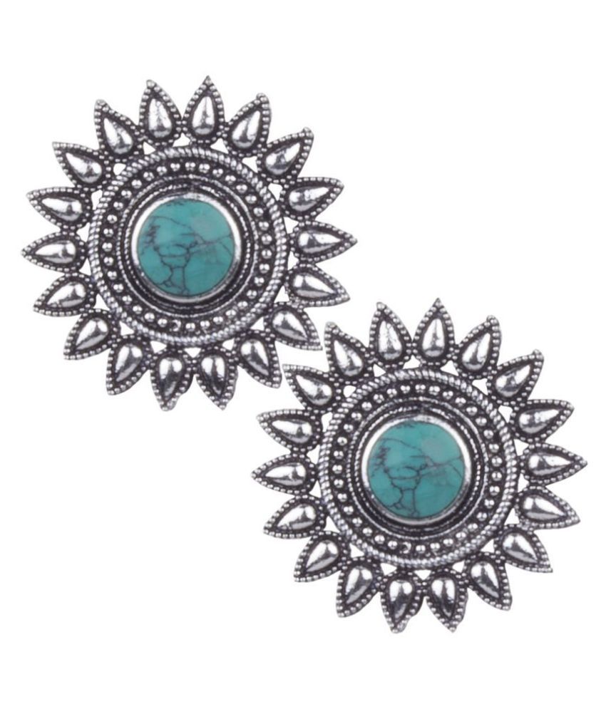     			Piah Fashion Foxy \nOxidised Silver Round Shape Green Turquoise Stone Stud Earring For Women & Girls