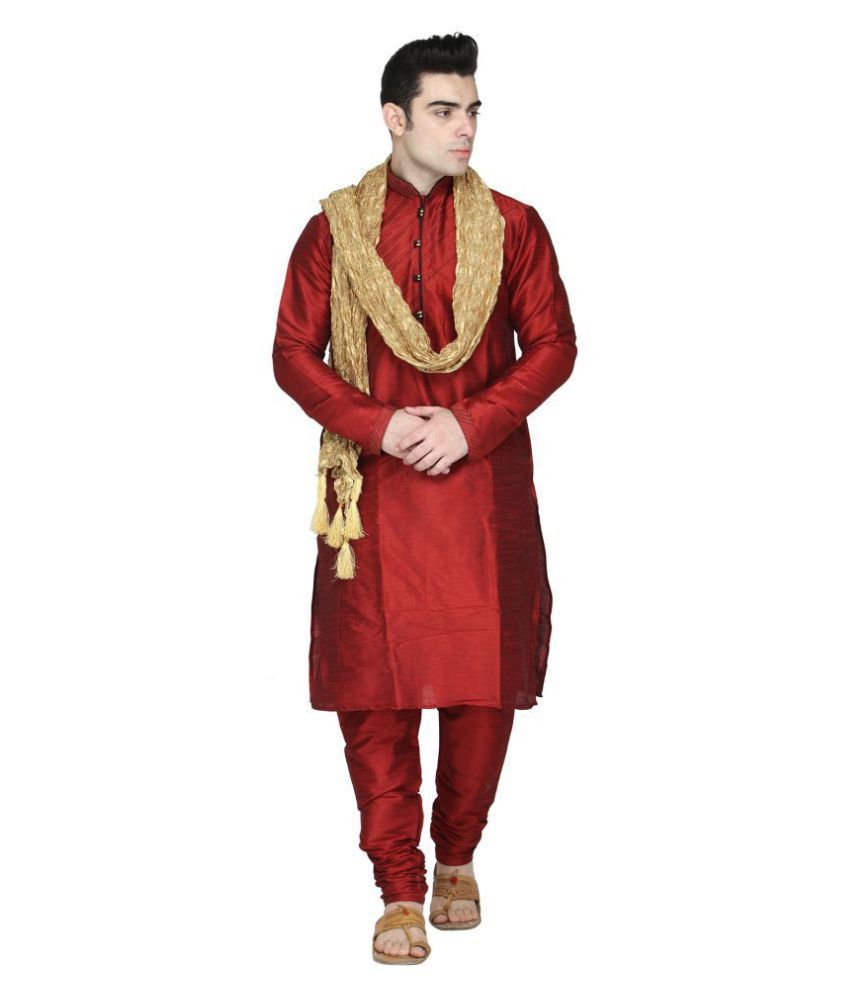     			SKAVIJ Red Silk Blend Kurta Pyjama Set