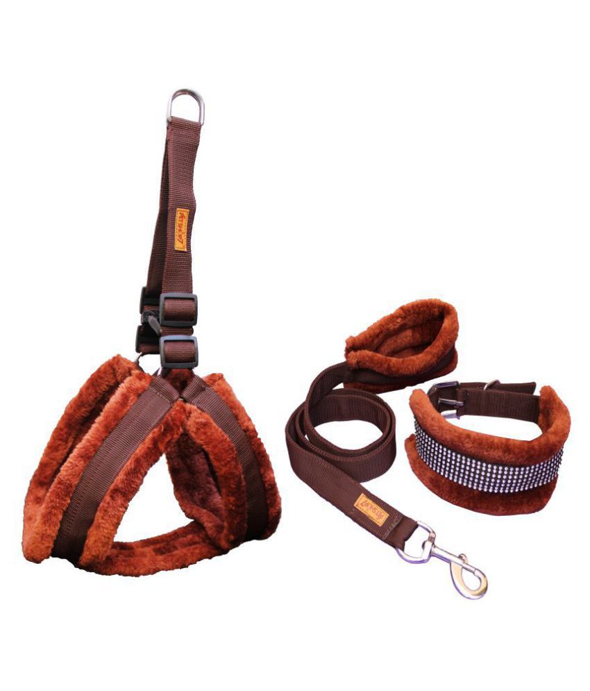     			Petshop7 Nylon Dog Harness, Collar & Leash Set with Fur Small (Chest Size - 23-28inch) Brown