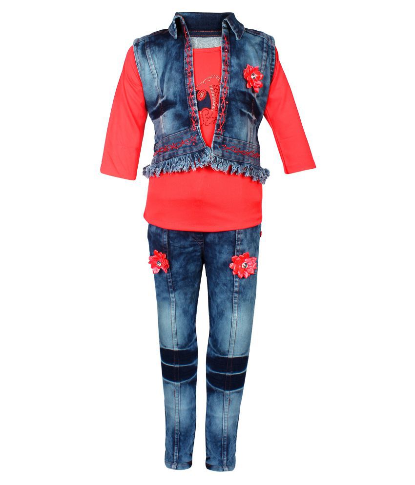     			Arshia Fashions Girls Party Wear Top Jeans and Denim Jacket Set