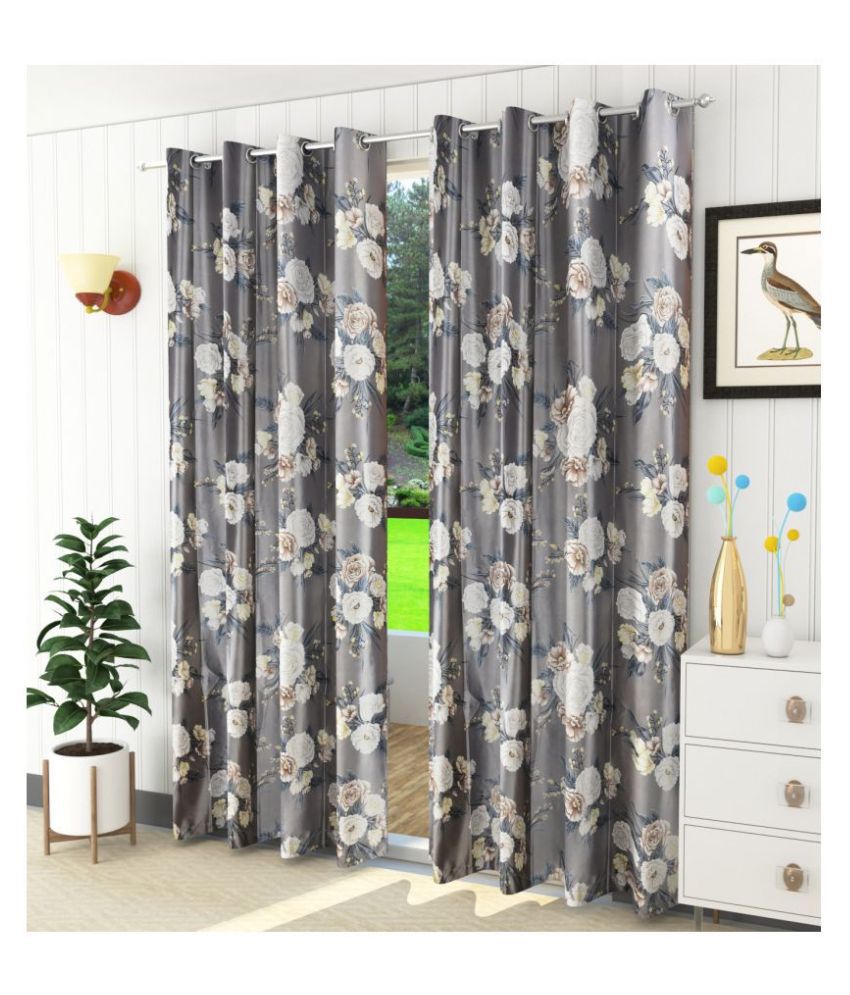    			Homefab India Floral Blackout Eyelet Long Door Curtain 9ft (Pack of 2) - Grey