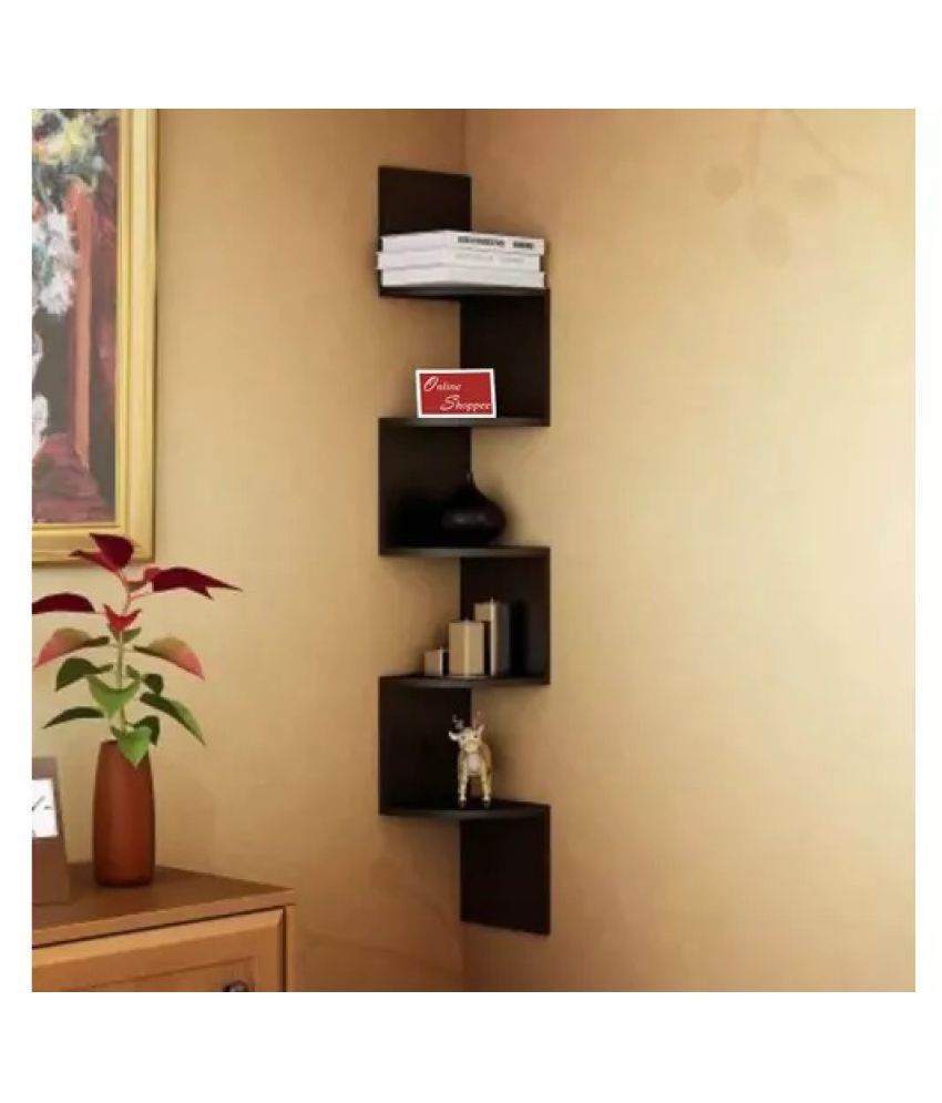Onlineshoppee Wooden Fancy Zigzag Wall Mount Floating Corner Wall Shelf Black