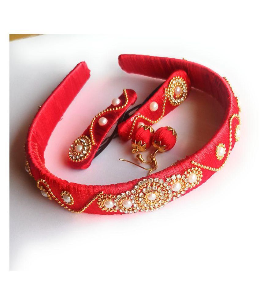 GO FOR IT Silk Thread Earrings, Hairband and Hairclips, Color: Red,  Quantity: One Pair of Earring, One pair of Hairclips and One Hairband: Buy  Online at Low Price in India - Snapdeal