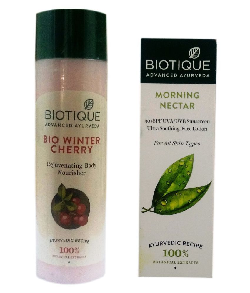 Biotique BIO WINTER CHERRY BODY NOURISHER 190ML+ MORNING NECTAR 30+ SPF UVA/UVB SUNSCREEN Lotion