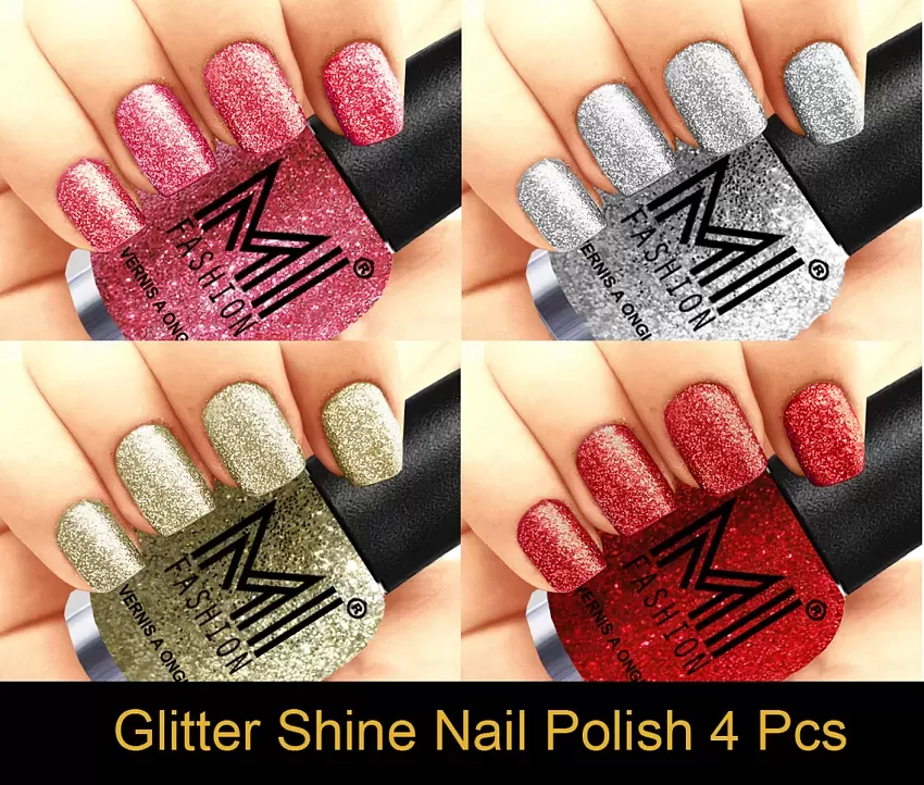 MI FASHION Platinum Collection 12 ml each Set of 4 Glitter High Shine Long  Lasting Nail Polish Colors at Your Fingertips Golden Gold, Pink, Silver,  Red (Pack of 4) : Amazon.in: Beauty