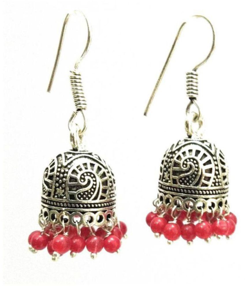 Athizay Athizay oxidized silver jhumka earring with Red beads and ...