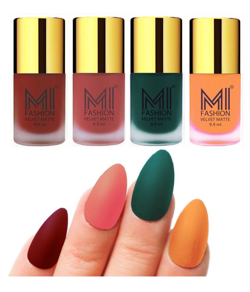     			MI FASHION Dull Rough Velvet Matte Nail Polish Red,Peach,Dark Green,Saffron  Matte Pack of 4 mL