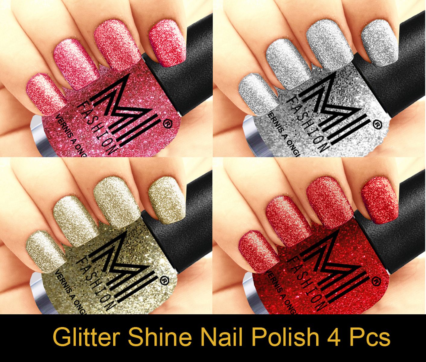 MI FASHION Long Lasting Professional Glitter Nail Polish Pink,Silver,Silver Gold,Red Glitter Pack of 4 mL