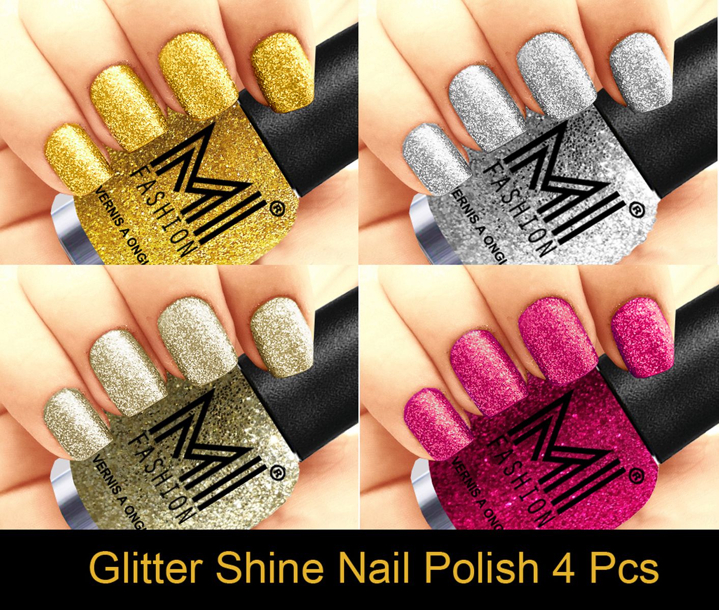 MI FASHION Long Lasting Professional Glitter Nail Polish Golden,Silver,Silver Gold,Magenta Glitter Pack of 4 mL