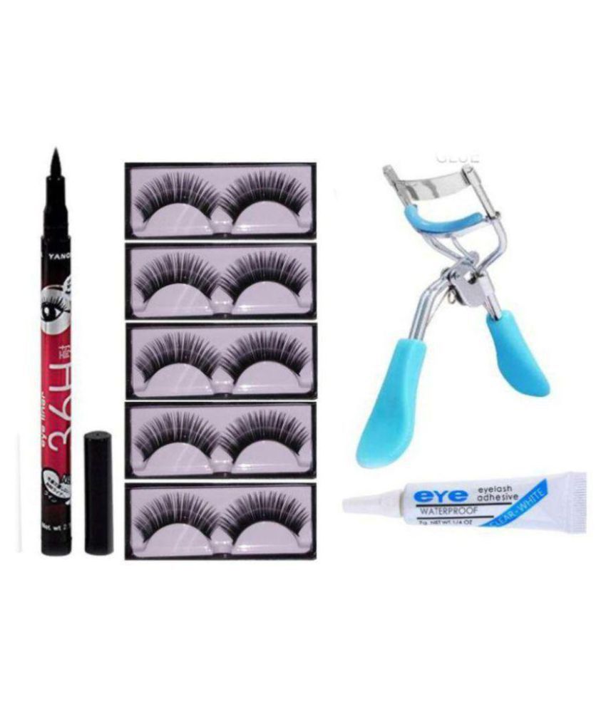 ADS Eyelashes+ Glue+ 36 hrs black eyeliner+ Eyelash Curler | Combo of 4
