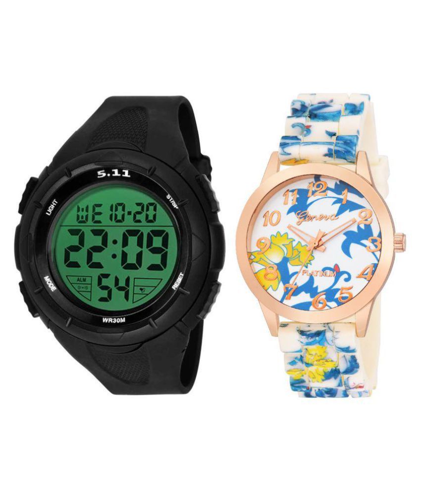     			digital black  sports watch with floral blue women watch
