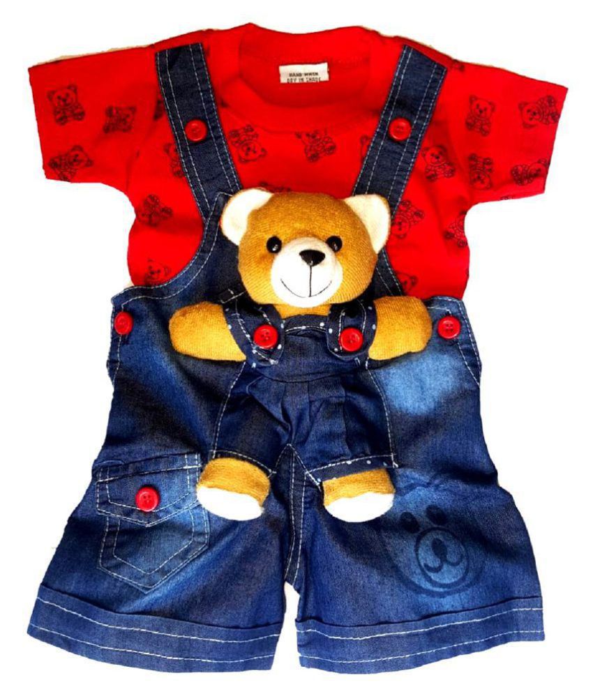     			LITTLE PANDA Premium Party Wear Dress / Romper / Jumper suit / Baba Suit / Denim Dungaree Set / Outfit Jumpsuit For Baby Boys & Girls With Half Sleeves T-Shirt & Teddy Bear For Infant Baby