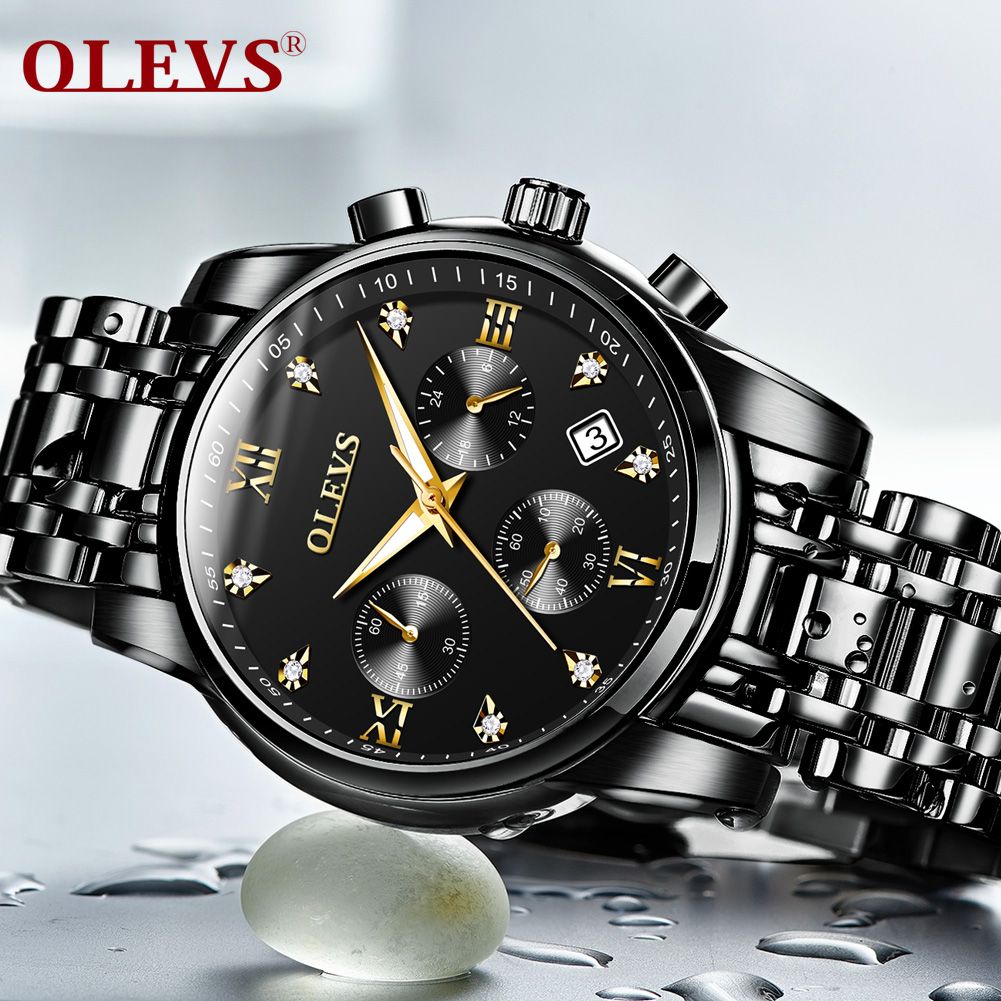 OLEVS Black Dial Metal Strap Mens Luxury Wrist Watch - 1Pc  