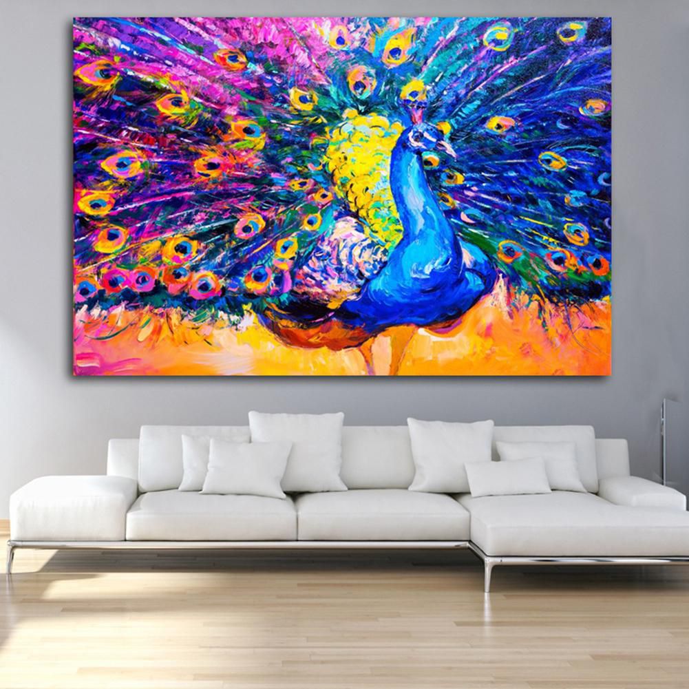 Colored Drawing Peacock Bedroom Wall Art Decor Unframed Canvas Painting ...