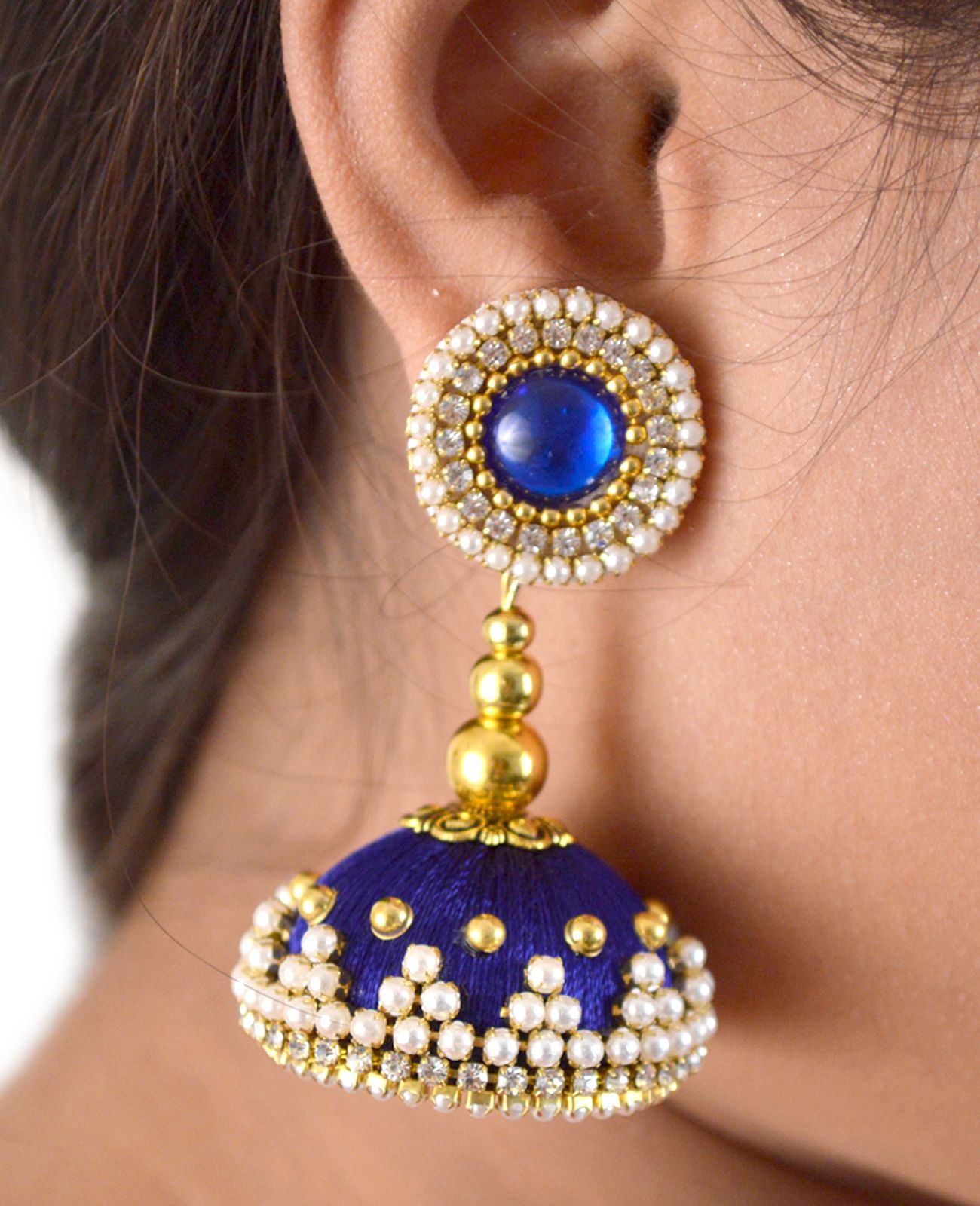 Silk Thread Jhumka Drop Earring Blue Glossy Finish Beaded Earrings For 
