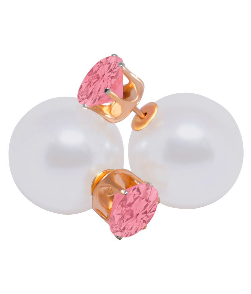     			Romp Fashion Double Sided Pearl With Shining Pink Crystal Fancy Stud Earrings For Girls And Women