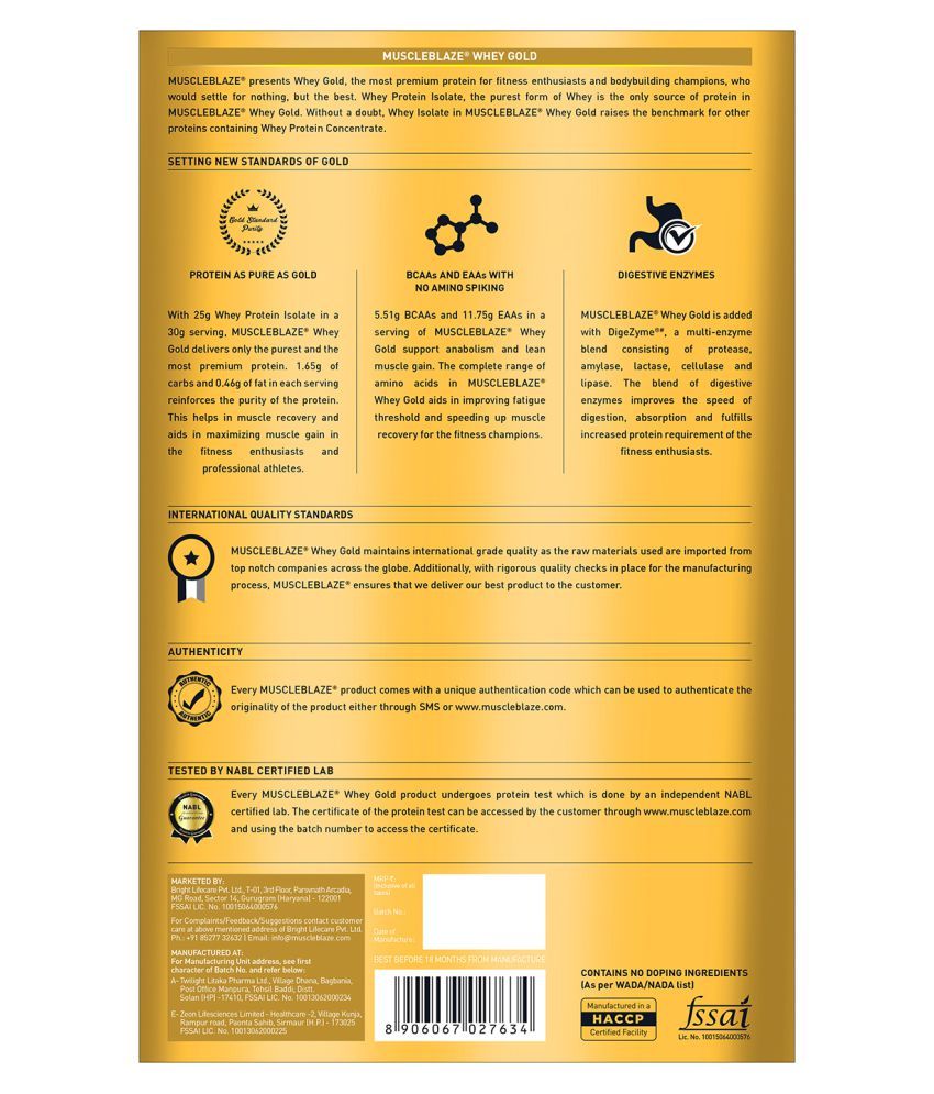 MuscleBlaze Whey Gold, 100 Whey Protein Isolate, Labdoor USA Certified