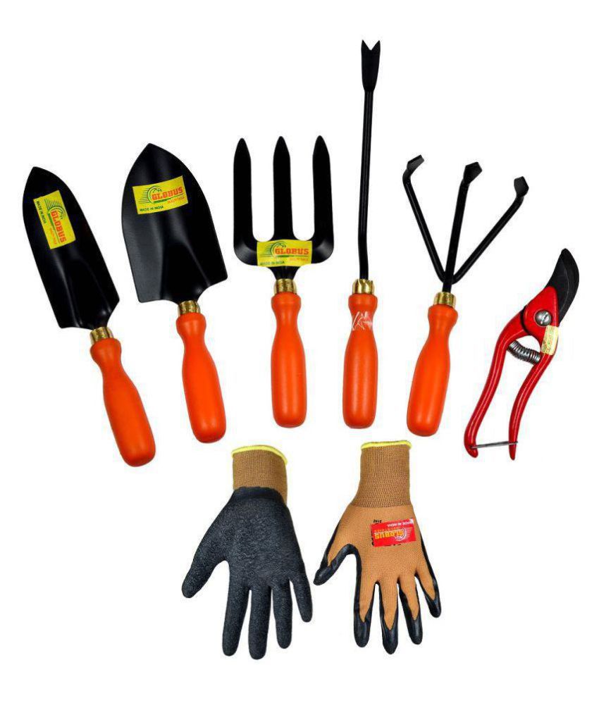 Globus Garden Tool  Set of 7( RED GARDEN SET/5 + 8 INCH RED STEEL PRUNER + Garden Gloves)