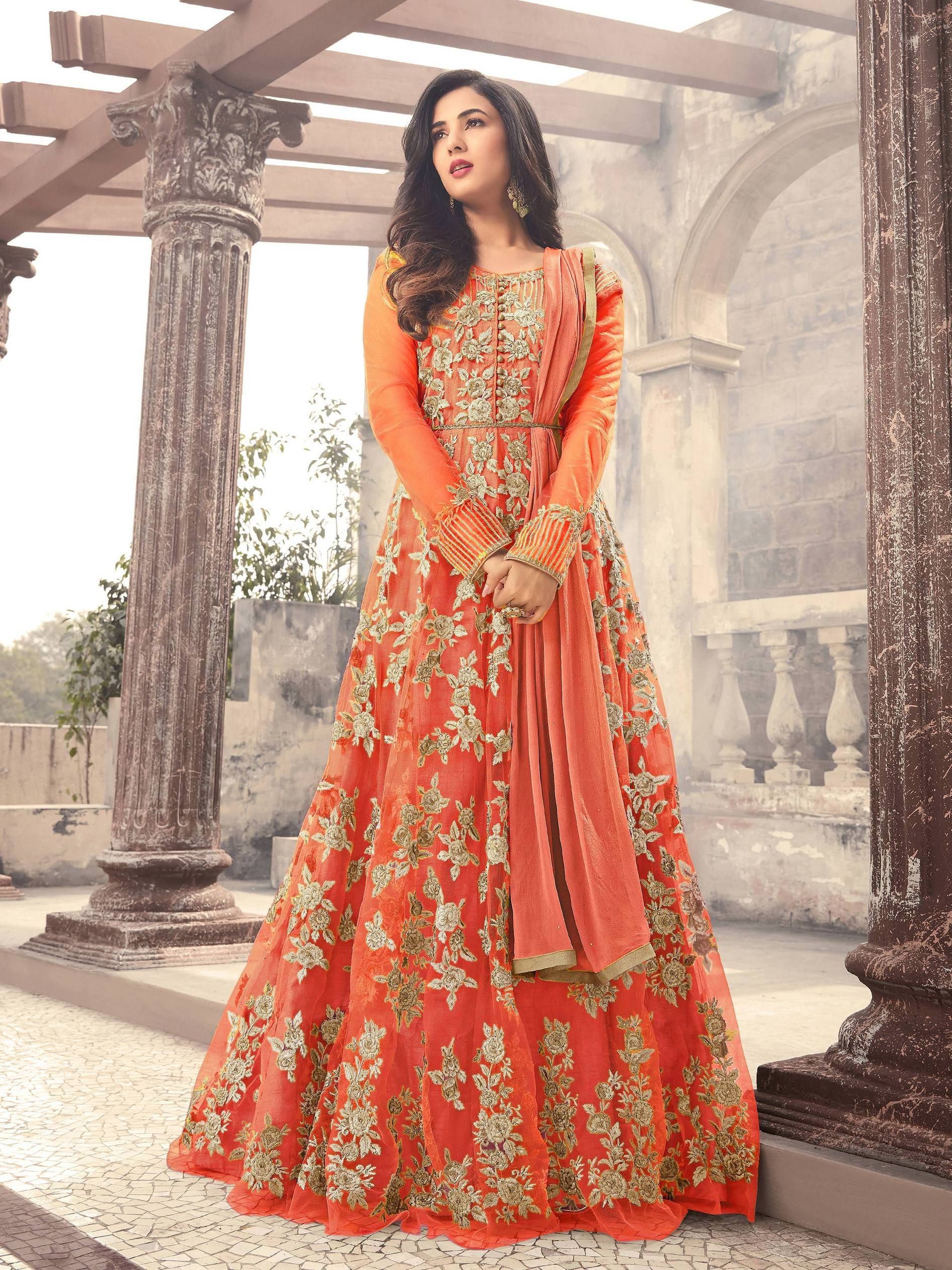 orange anarkali gown