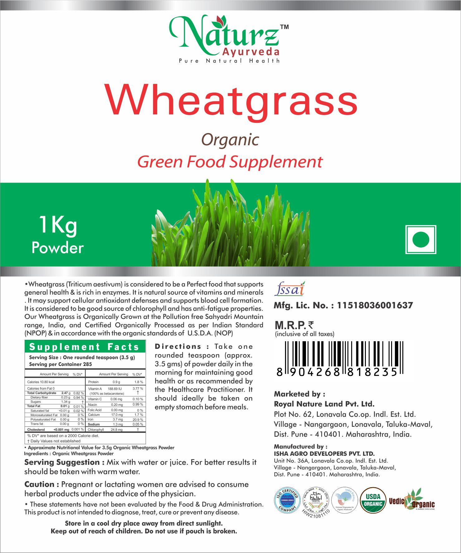 Naturz Ayurveda Wheatgrass Powder 1 kg Pack of 2 Buy Naturz Ayurveda