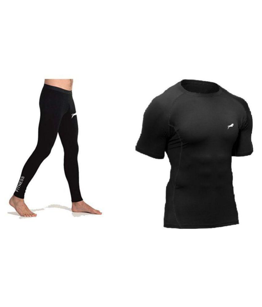     			Just rider Gym Wear Half Sleeve T-shirt With Lower  Sports Exercise/Gym/Running/Yoga/Other Outdoor inner wear for Sports - Skin Tight Fitting - Black Color 2 pcs combo